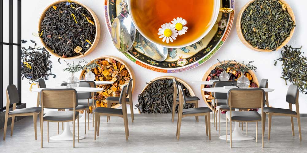 Çeşitli Bitki Çayları ve Fincan Desenli Kafe Duvar Kağıdı 12369