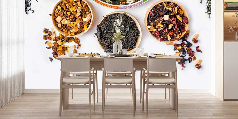 Çeşitli Bitki Çayları ve Fincan Desenli Kafe Duvar Kağıdı 12369