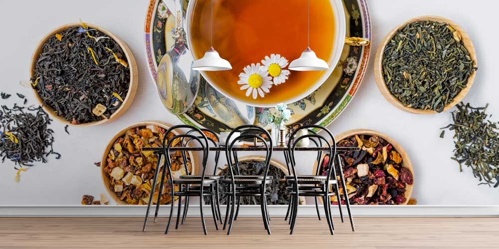 Çeşitli Bitki Çayları ve Fincan Desenli Kafe Duvar Kağıdı 12369