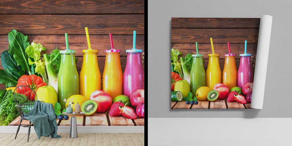 Renkli Smoothie Şişeleri ve Tropikal Meyve Desenli Kafe Duvar Kağıdı 12374