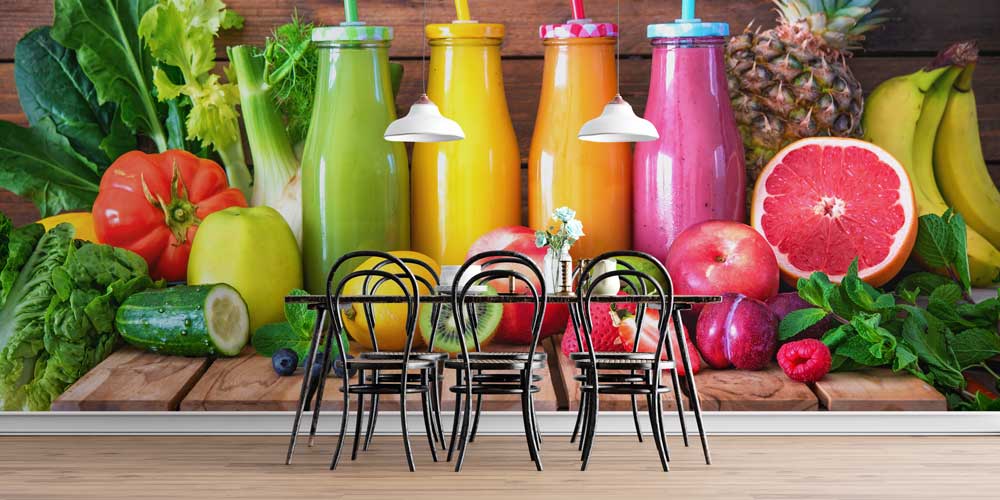 Renkli Smoothie Şişeleri ve Tropikal Meyve Desenli Kafe Duvar Kağıdı 12374