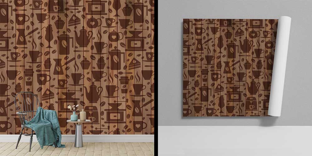 Kahve ve Tatlı Desenli Ahşap Görünümlü Kafe Duvar Kağıdı 12376
