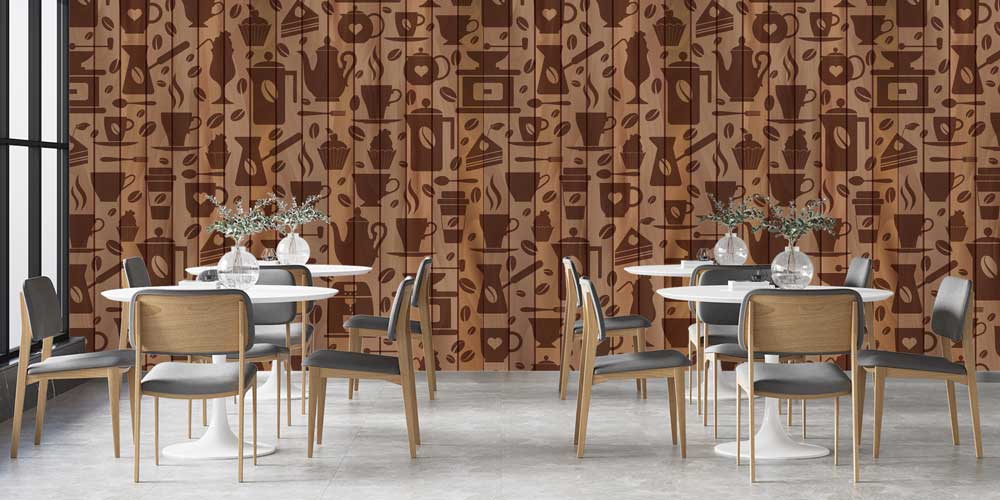 Kahve ve Tatlı Desenli Ahşap Görünümlü Kafe Duvar Kağıdı 12376
