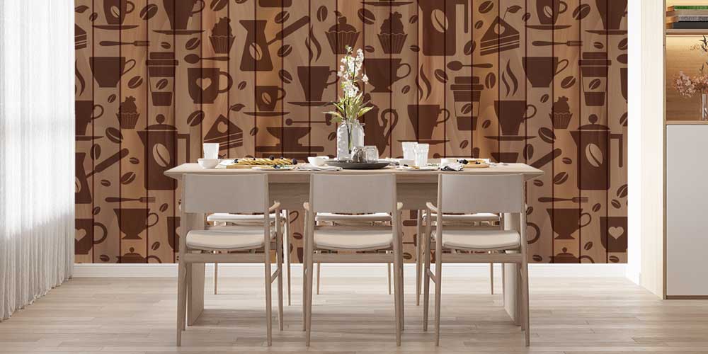 Kahve ve Tatlı Desenli Ahşap Görünümlü Kafe Duvar Kağıdı 12376