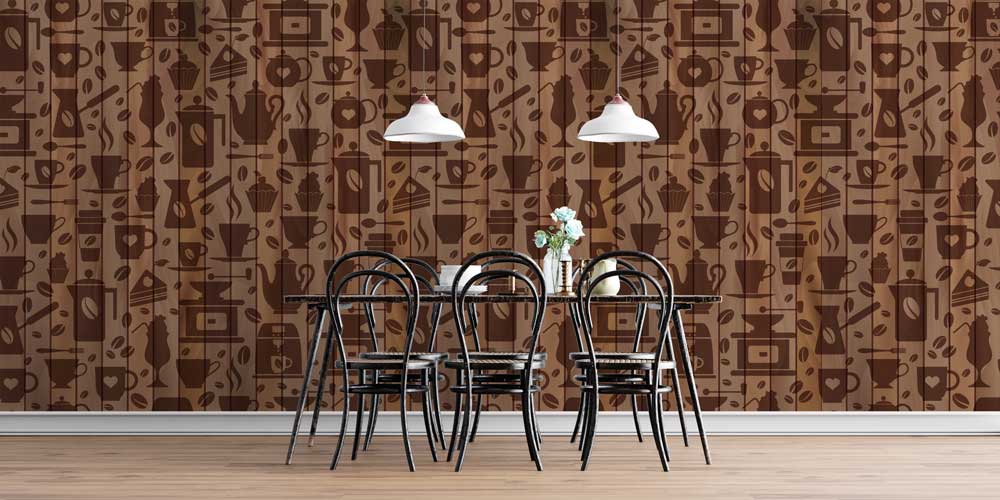 Kahve ve Tatlı Desenli Ahşap Görünümlü Kafe Duvar Kağıdı 12376