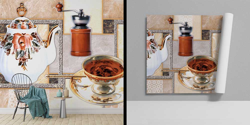 Retro Çaydanlık ve Kahve Fincanı Desenli Kafe Duvar Kağıdı 12361