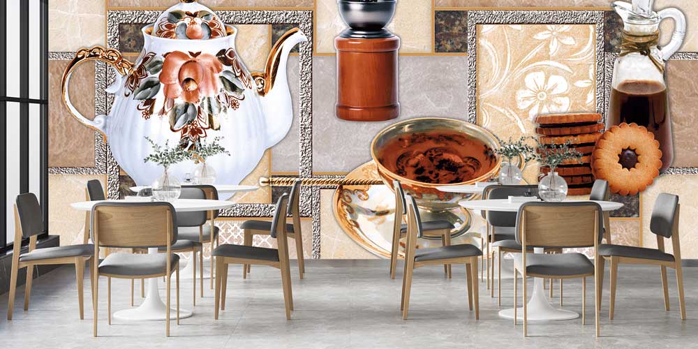 Retro Çaydanlık ve Kahve Fincanı Desenli Kafe Duvar Kağıdı 12361