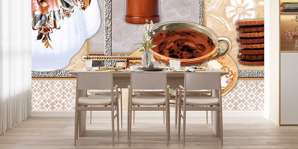 Retro Çaydanlık ve Kahve Fincanı Desenli Kafe Duvar Kağıdı 12361