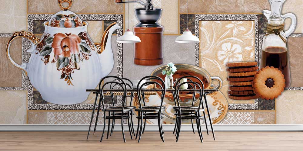 Retro Çaydanlık ve Kahve Fincanı Desenli Kafe Duvar Kağıdı 12361