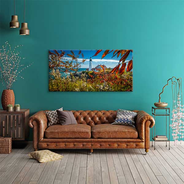 Sonbahar Yaprakları Arasında Deniz Feneri Kıyı Manzarası Duvar Tablosu – 13768