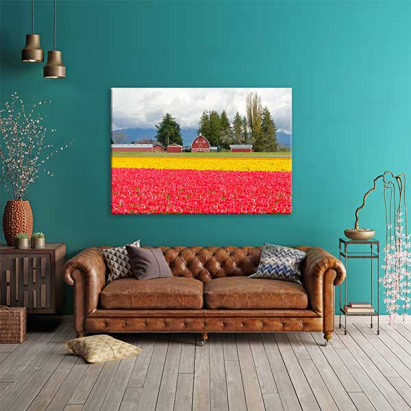 canvas-art-decor-13583-01 Renkli Lale Tarlaları ve Çiftlik Manzarası Kanvas Tablo 13583