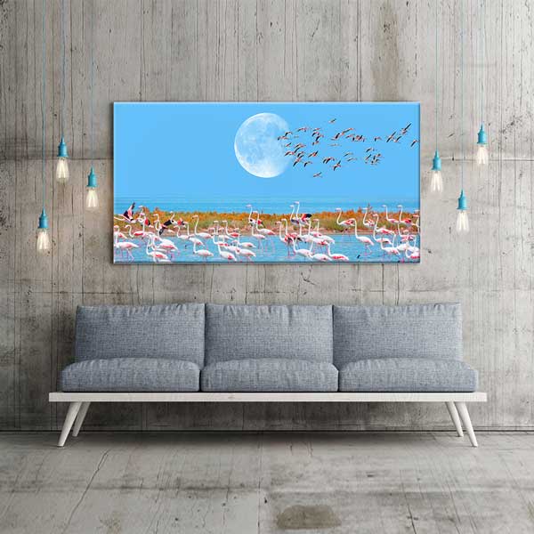 Ay Işığında Flamingolar Doğa Manzarası Kanvas Tablo 12043