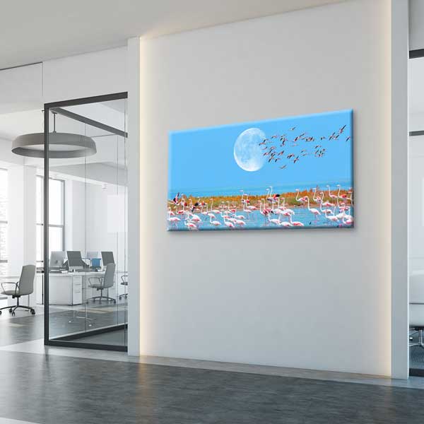 Ay Işığında Flamingolar Doğa Manzarası Kanvas Tablo 12043