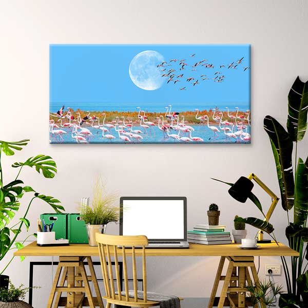 Ay Işığında Flamingolar Doğa Manzarası Kanvas Tablo 12043