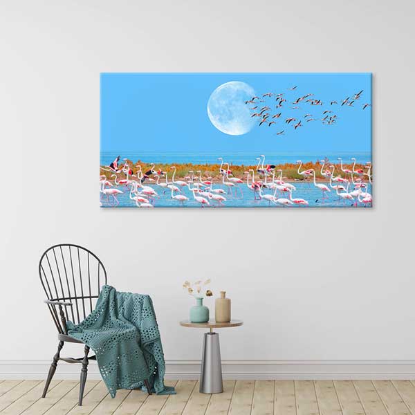 Ay Işığında Flamingolar Doğa Manzarası Kanvas Tablo 12043