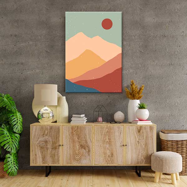 Minimal Kızıl Güneşli Dağ Manzarası Duvar Tablosu 13963