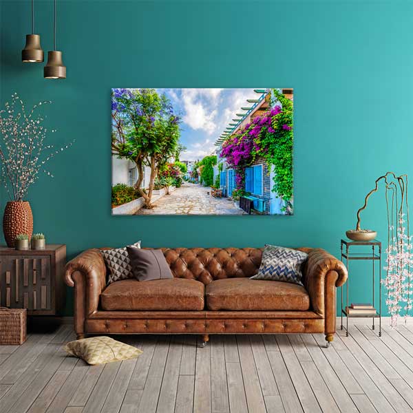 canvas-wall-art-12005-01 Çiçeklerle Çevrili Renkli Sokak Manzaralı Duvar Tablosu Kanvas Tablo 12005