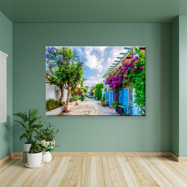 canvas-wall-art-12005-04 Çiçeklerle Çevrili Renkli Sokak Manzaralı Duvar Tablosu Kanvas Tablo 12005