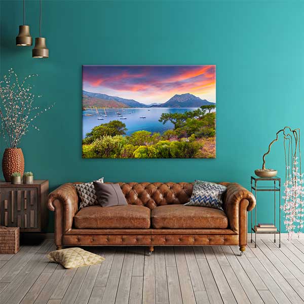 Gün Batımında Koy ve Dağ Manzarası Kanvas Tablo 12019