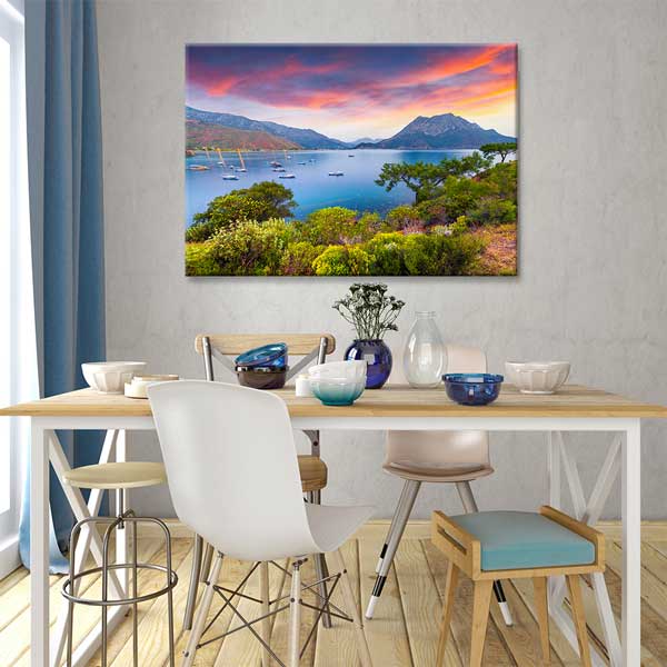 Gün Batımında Koy ve Dağ Manzarası Kanvas Tablo 12019