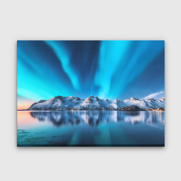 Kuzey Işıkları ve Buzlu Dağlar Gece Manzarası Kanvas Tablo 13473