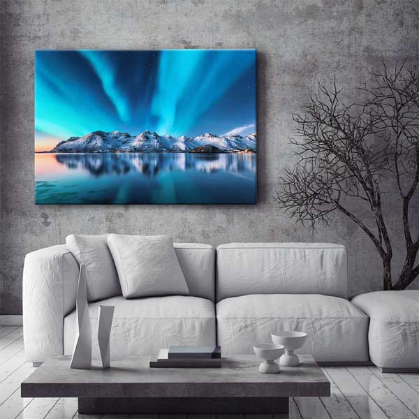 Kuzey Işıkları ve Buzlu Dağlar Gece Manzarası Kanvas Tablo 13473