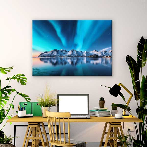 Kuzey Işıkları ve Buzlu Dağlar Gece Manzarası Kanvas Tablo 13473