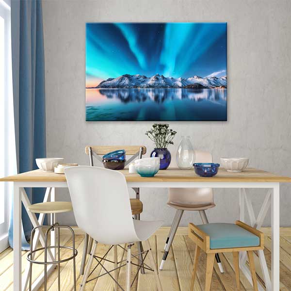Kuzey Işıkları ve Buzlu Dağlar Gece Manzarası Kanvas Tablo 13473