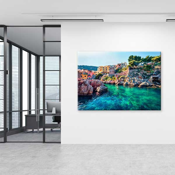 Akdeniz Kıyı Kasabası Turkuaz Deniz Manzarası Kanvas Tablo 13530