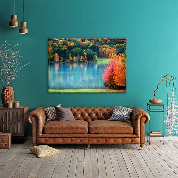 Renkli Sonbahar Ormanı ve Turkuaz Göl Manzarası Kanvas Tablo 13582