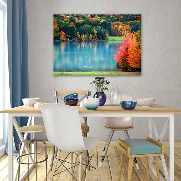Renkli Sonbahar Ormanı ve Turkuaz Göl Manzarası Kanvas Tablo 13582