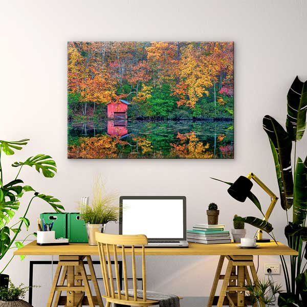 canvas-wall-art-13608-02 Sonbahar Ormanı ve Göl Yansımalı Kırmızı Kulübe Manzarası Kanvas Tablo 13608