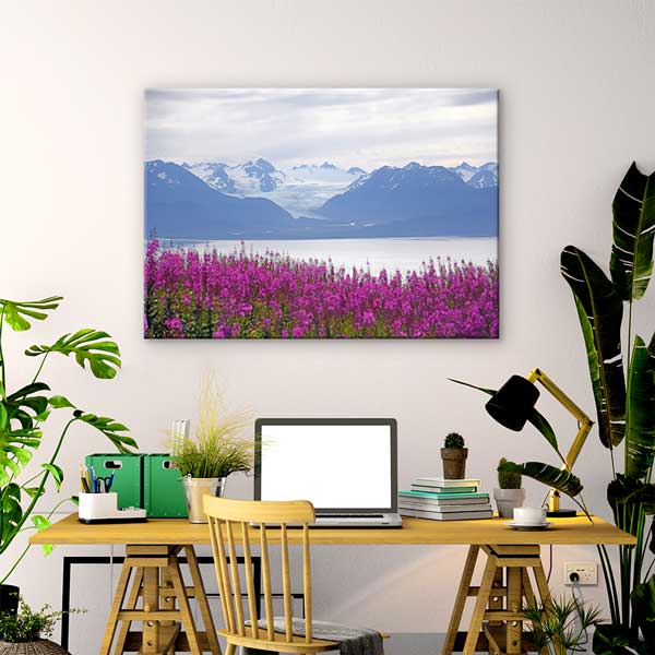 Mor Çiçekler ve Karlı Dağ Manzarası Fotoğraf Sanatı Kanvas Tablo 13622