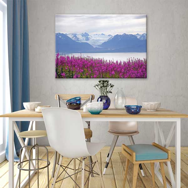 Mor Çiçekler ve Karlı Dağ Manzarası Fotoğraf Sanatı Kanvas Tablo 13622