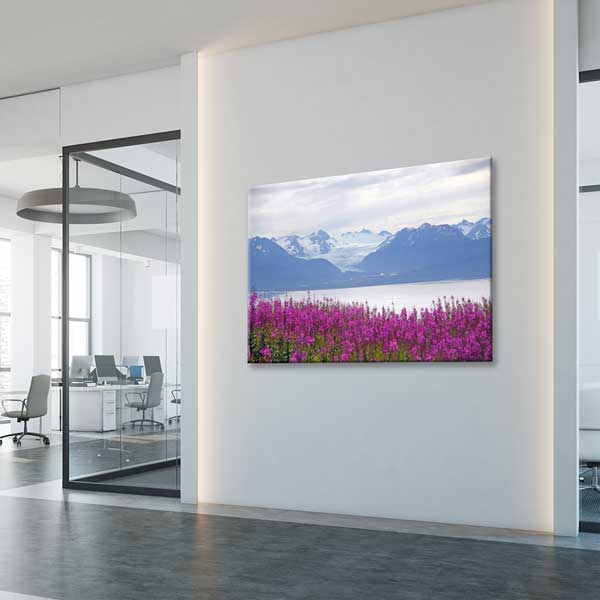 Mor Çiçekler ve Karlı Dağ Manzarası Fotoğraf Sanatı Kanvas Tablo 13622