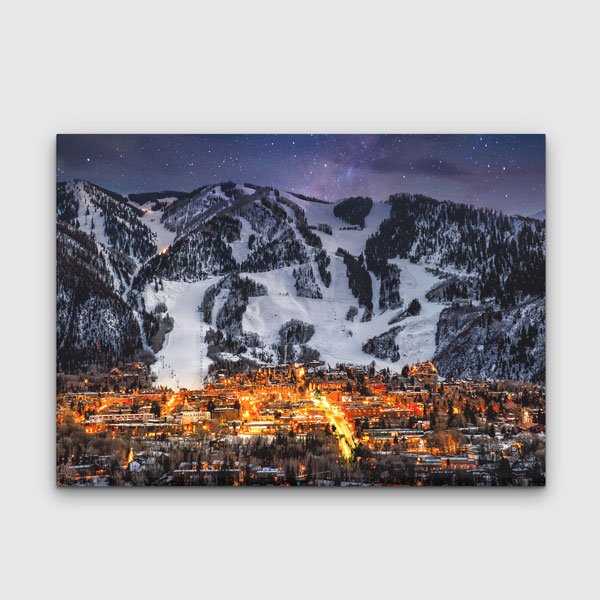 canvas-wall-art-13630-00 Yıldızlı Gecede Karlı Dağ Kasabası Manzarası Fotoğraf Sanatı Kanvas Tablo 13630