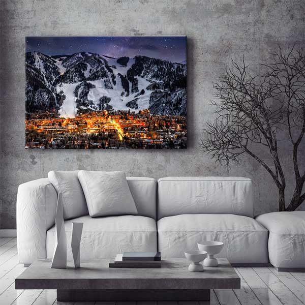 Yıldızlı Gecede Karlı Dağ Kasabası Manzarası Fotoğraf Sanatı Kanvas Tablo 13630