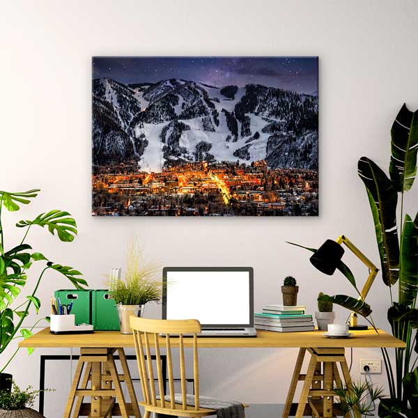 Yıldızlı Gecede Karlı Dağ Kasabası Manzarası Fotoğraf Sanatı Kanvas Tablo 13630