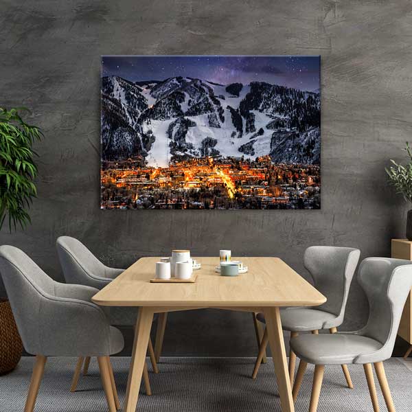 Yıldızlı Gecede Karlı Dağ Kasabası Manzarası Fotoğraf Sanatı Kanvas Tablo 13630