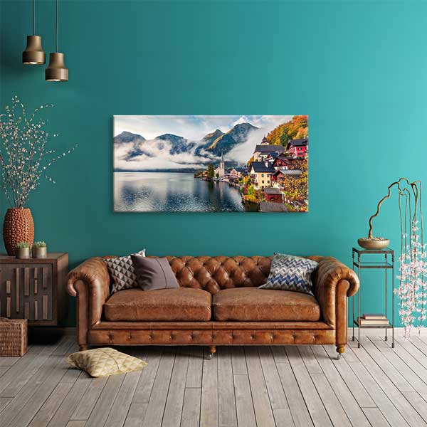 canvas-wall-art-13712-01 Hallstatt Göl Kenarı Kasaba ve Dağ Manzarası Kanvas Tablo – 13712