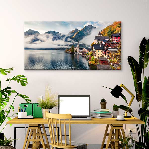 canvas-wall-art-13712-02 Hallstatt Göl Kenarı Kasaba ve Dağ Manzarası Kanvas Tablo – 13712