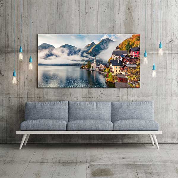 canvas-wall-art-13712-04 Hallstatt Göl Kenarı Kasaba ve Dağ Manzarası Kanvas Tablo – 13712