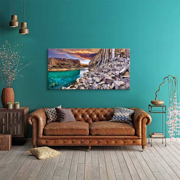 canvas-wall-art-13732-01 Bazalt Kayalıklar ve Turkuaz Nehir Manzarası Kanvas Tablo – 13732