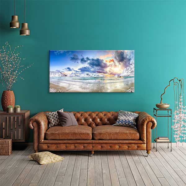 Kış Sahili ve Karla Kaplı Dağ Manzarası Kanvas Tablo – 13747