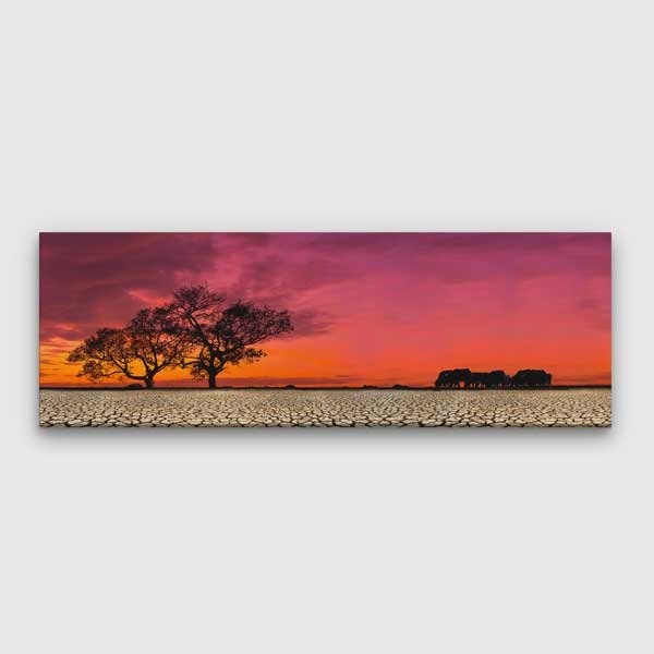 Kırmızı Günbatımı ve Çatlak Arazi Panoramik Kanvas Tablo 13778