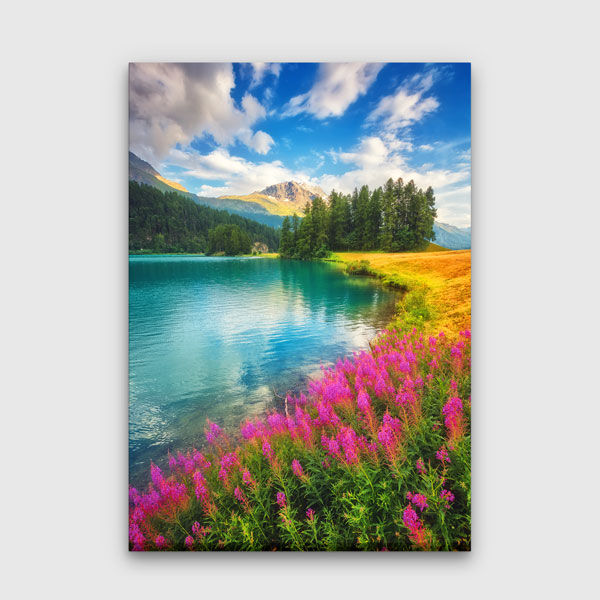 Göl Dağ Manzarası Mor Çiçekler Kanvas Tablo 13841