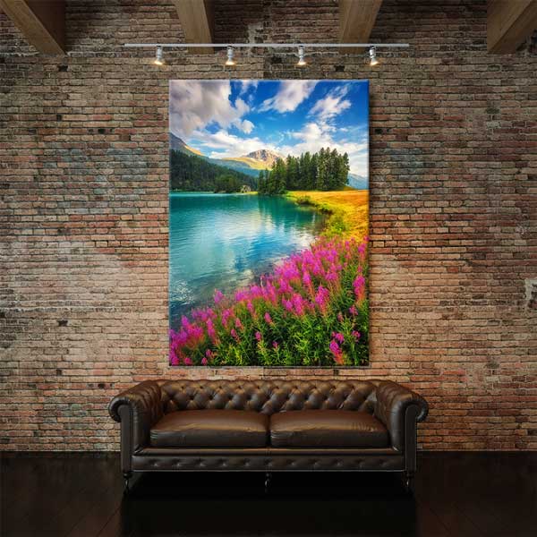 canvas-wall-art-13841-01 Göl Dağ Manzarası Mor Çiçekler Kanvas Tablo 13841