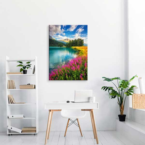 canvas-wall-art-13841-04 Göl Dağ Manzarası Mor Çiçekler Kanvas Tablo 13841