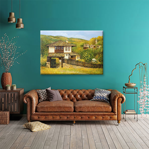 Geleneksel Köy Evi ve Kır Manzarası Kanvas Tablo 5239