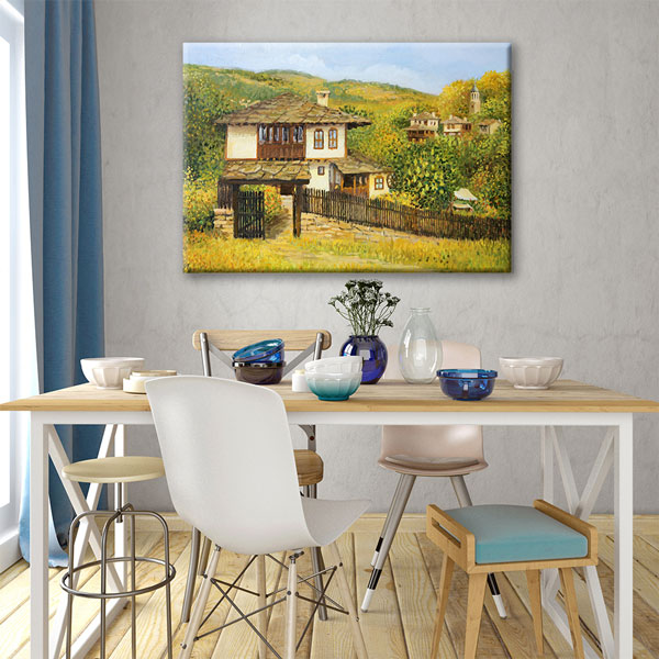 Geleneksel Köy Evi ve Kır Manzarası Kanvas Tablo 5239
